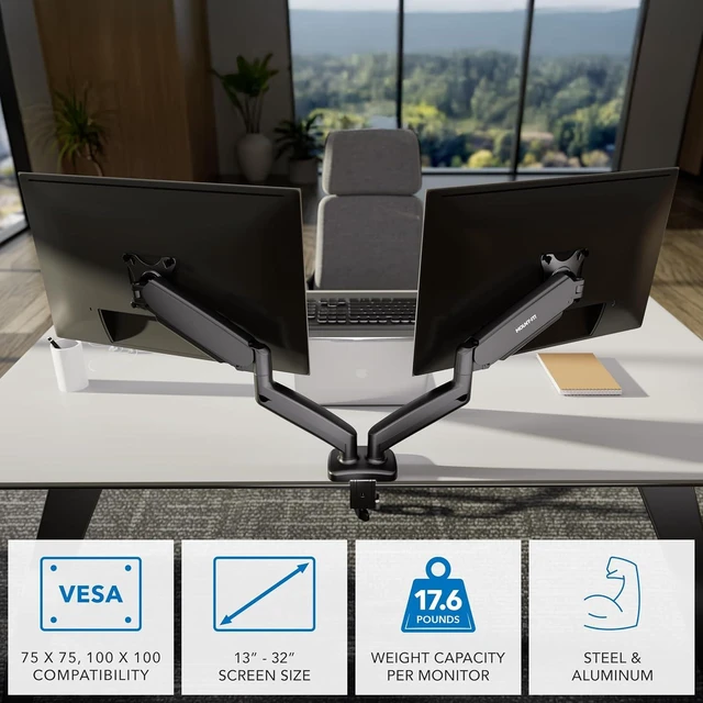 Alt view image 10 of 14 - Mount-It! Dual Monitor Desk Mount Full Motion Gas Spring Arms, Fits 13 to 32 Inch Screens, Holds 17.6 lbs per Arm, Dual Monitor Stand, VESA Mount, C-Clamp & Grommet Base