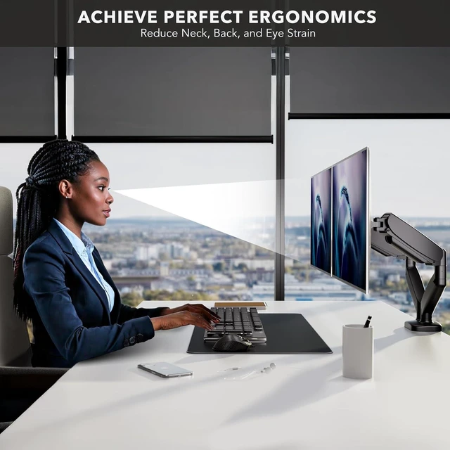Alt view image 12 of 14 - Mount-It! Dual Monitor Desk Mount Full Motion Gas Spring Arms, Fits 13 to 32 Inch Screens, Holds 17.6 lbs per Arm, Dual Monitor Stand, VESA Mount, C-Clamp & Grommet Base