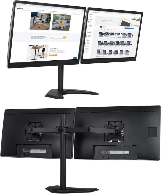 Alt view image 9 of 14 - Mount-It! Dual Monitor Stand for Desk - 2 Screen Mount for Two Computer Screens up to 32 Inch and 17 Lbs - Free-Standing Base Swivels, Tilt, Rotates 360 Adjustable Arms - VESA Compatible Sturdy Steel