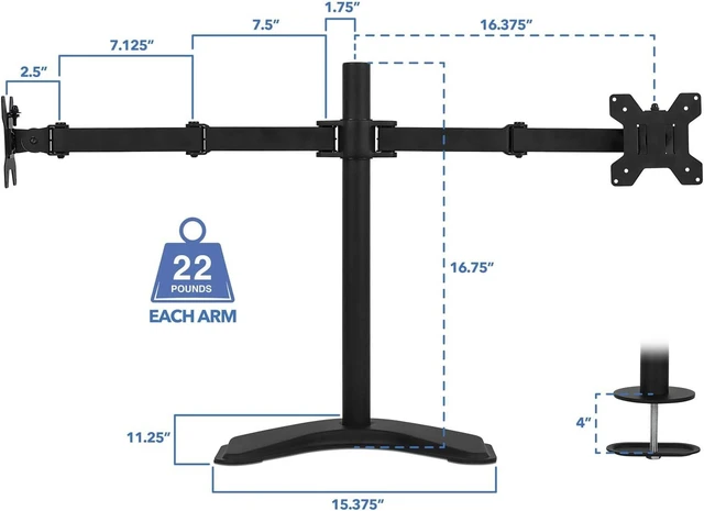 Alt view image 11 of 14 - Mount-It! Dual Monitor Stand for Desk - 2 Screen Mount for Two Computer Screens up to 32 Inch and 17 Lbs - Free-Standing Base Swivels, Tilt, Rotates 360 Adjustable Arms - VESA Compatible Sturdy Steel