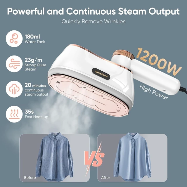 Alt view image 9 of 14 - SoleoFlare Steamer for Clothes & Iron 2in1, 1200W Travel Steam Iron, 5 Modes LCD, 180ml for 20 Min Steam, UL 141 Tests Passed, White, 120V