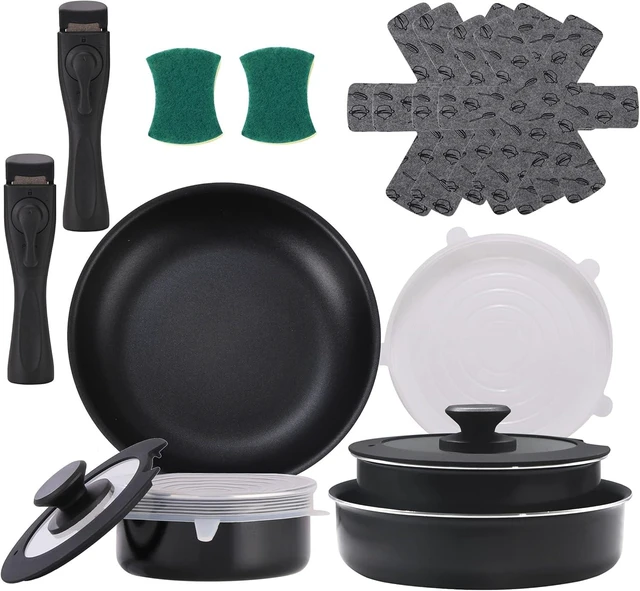 Alt view image 8 of 14 - 16 Pieces Kitchen Removable Handle Cookware Sets, Stackable Pots and Pans Set Nonstick for Induction Gas RVs Camping Space Saving