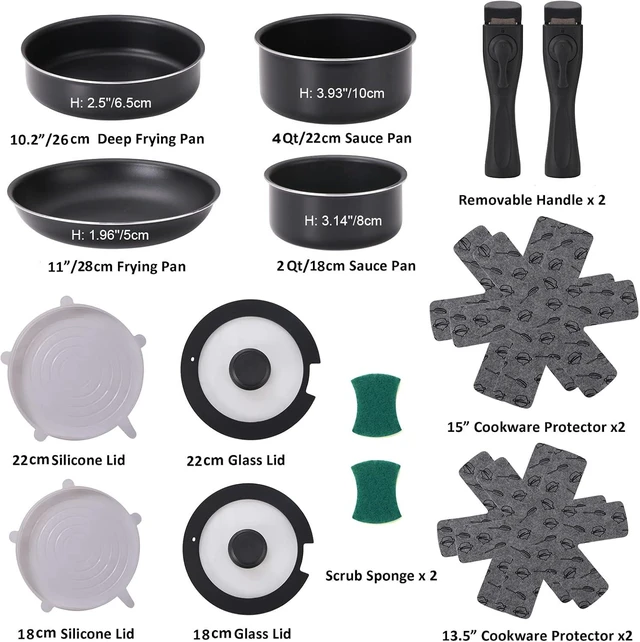 Alt view image 9 of 14 - 16 Pieces Kitchen Removable Handle Cookware Sets, Stackable Pots and Pans Set Nonstick for Induction Gas RVs Camping Space Saving
