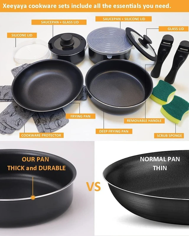 Alt view image 10 of 14 - 16 Pieces Kitchen Removable Handle Cookware Sets, Stackable Pots and Pans Set Nonstick for Induction Gas RVs Camping Space Saving
