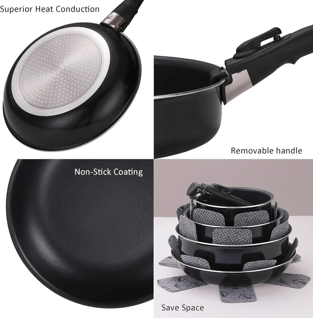 Alt view image 11 of 14 - 16 Pieces Kitchen Removable Handle Cookware Sets, Stackable Pots and Pans Set Nonstick for Induction Gas RVs Camping Space Saving