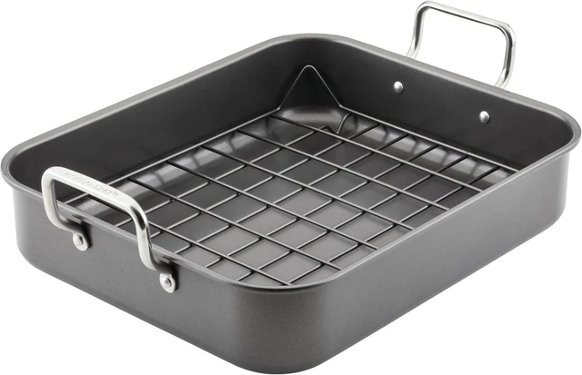 Alt view image 8 of 14 - Rachael Ray Bakeware Nonstick Roaster/Roasting Pan with Reversible Rack, 16.5 Inch x 13.5 Inch, Gray