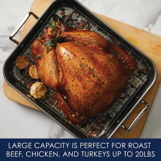 Alt view image 9 of 14 - Rachael Ray Bakeware Nonstick Roaster/Roasting Pan with Reversible Rack, 16.5 Inch x 13.5 Inch, Gray