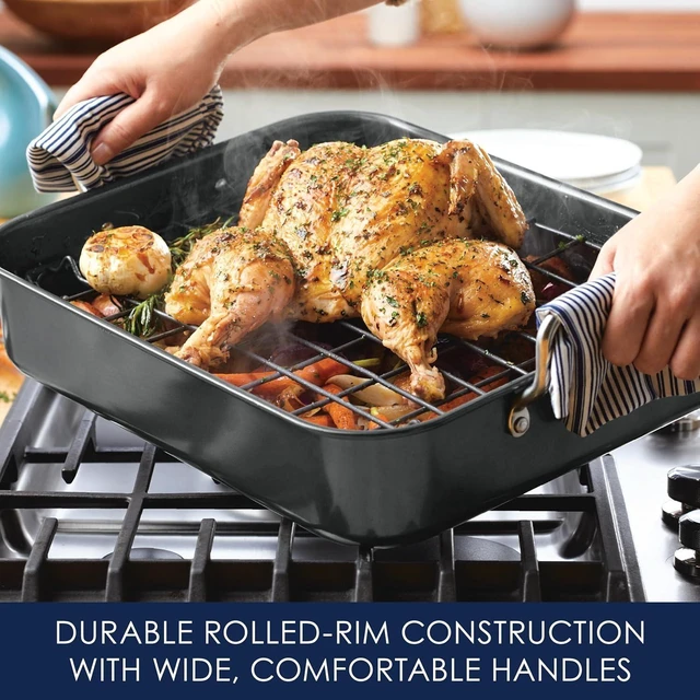 Alt view image 11 of 14 - Rachael Ray Bakeware Nonstick Roaster/Roasting Pan with Reversible Rack, 16.5 Inch x 13.5 Inch, Gray