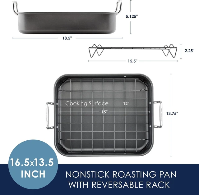 Alt view image 13 of 14 - Rachael Ray Bakeware Nonstick Roaster/Roasting Pan with Reversible Rack, 16.5 Inch x 13.5 Inch, Gray