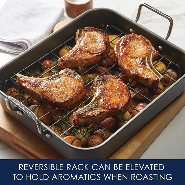 Alt view image 10 of 14 - Rachael Ray Bakeware Nonstick Roaster/Roasting Pan with Reversible Rack, 16.5 Inch x 13.5 Inch, Gray