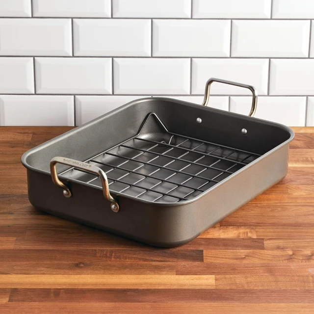 Alt view image 12 of 14 - Rachael Ray Bakeware Nonstick Roaster/Roasting Pan with Reversible Rack, 16.5 Inch x 13.5 Inch, Gray