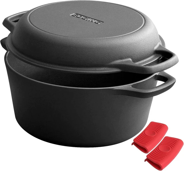 Alt view image 8 of 14 - 2-in-1 Pre-Seasoned Cast Iron Dutch Oven Pot with Skillet Lid Cooking Pan, Cast Iron Skillet Cookware Pan Set with Dual Handles Indoor Outdoor for Bread, Frying, Baking, Camping, BBQ, 5QT