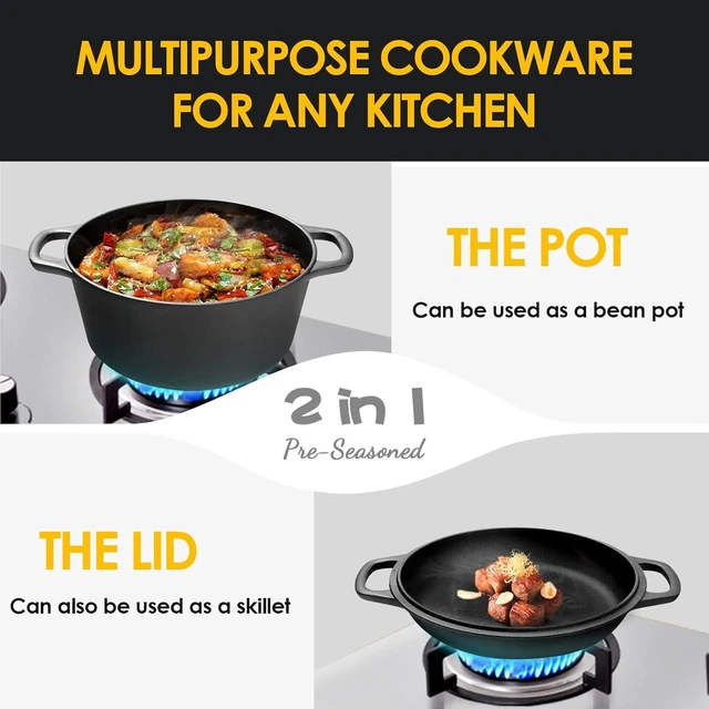 Alt view image 11 of 14 - 2-in-1 Pre-Seasoned Cast Iron Dutch Oven Pot with Skillet Lid Cooking Pan, Cast Iron Skillet Cookware Pan Set with Dual Handles Indoor Outdoor for Bread, Frying, Baking, Camping, BBQ, 5QT