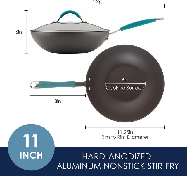 Alt view image 9 of 14 - Rachael Ray Cucina Hard-Anodized Nonstick Covered Stir Fry Pan, 11-Inch, Gray, Agave Blue Handles