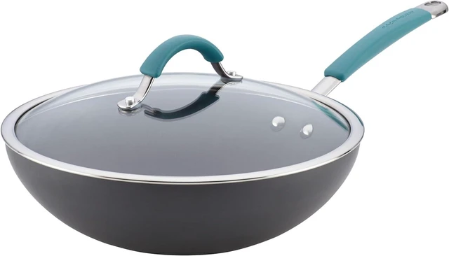 Alt view image 8 of 14 - Rachael Ray Cucina Hard-Anodized Nonstick Covered Stir Fry Pan, 11-Inch, Gray, Agave Blue Handles