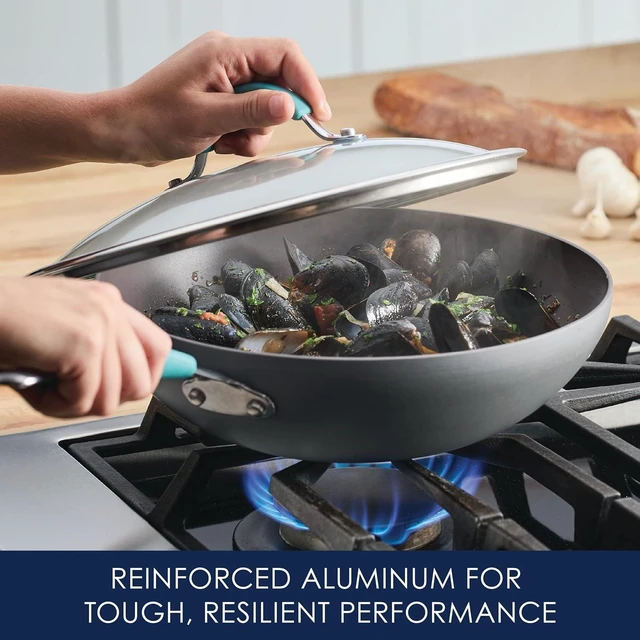 Alt view image 11 of 14 - Rachael Ray Cucina Hard-Anodized Nonstick Covered Stir Fry Pan, 11-Inch, Gray, Agave Blue Handles