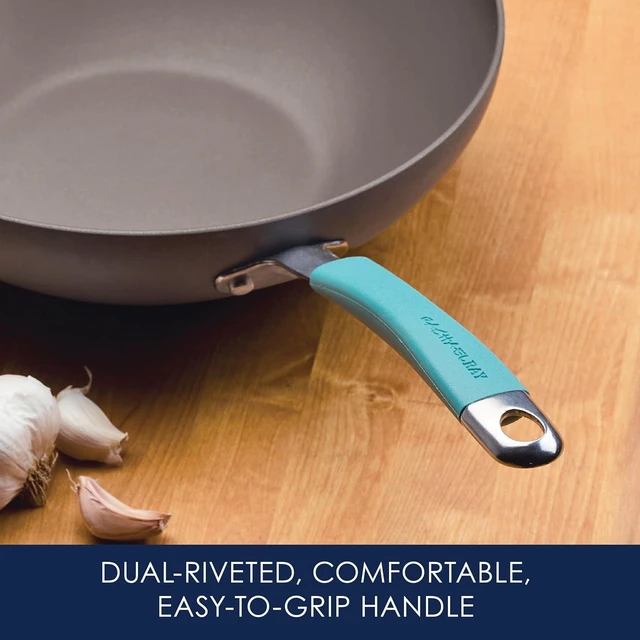 Alt view image 12 of 14 - Rachael Ray Cucina Hard-Anodized Nonstick Covered Stir Fry Pan, 11-Inch, Gray, Agave Blue Handles