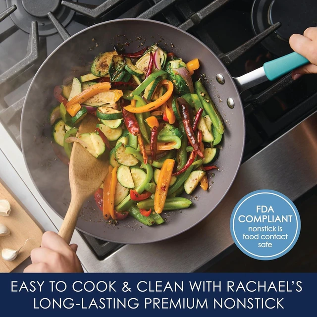 Alt view image 10 of 14 - Rachael Ray Cucina Hard-Anodized Nonstick Covered Stir Fry Pan, 11-Inch, Gray, Agave Blue Handles