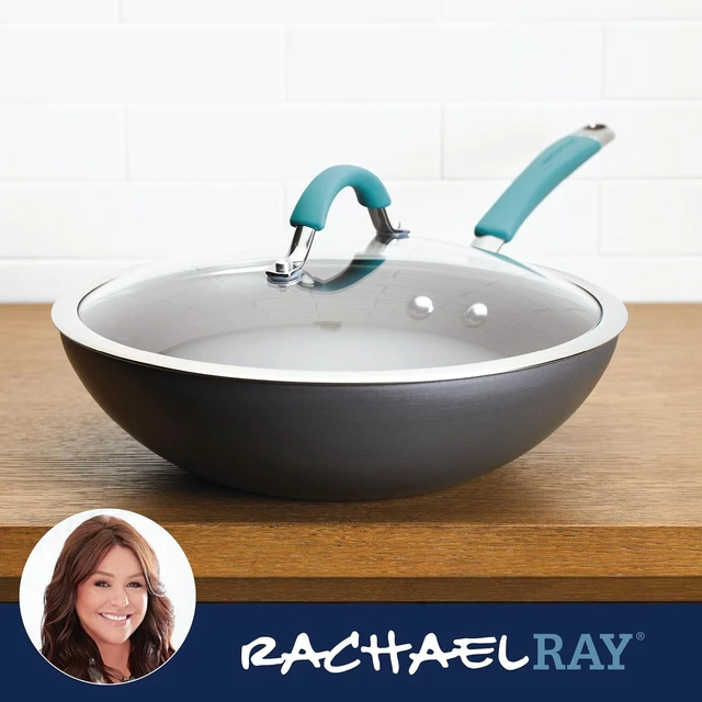 Alt view image 14 of 14 - Rachael Ray Cucina Hard-Anodized Nonstick Covered Stir Fry Pan, 11-Inch, Gray, Agave Blue Handles
