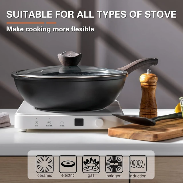 Alt view image 9 of 14 - Nonstick Wok with Lid, 12 Inch Woks & Stir-fry Pans, Granite Stone Coating for Cooking, Induction Cookware, Compatible with All Stovetops, PFOA Free