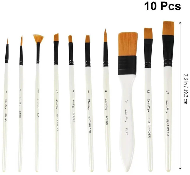 Alt view image 6 of 6 - 10Pcs Professional Painting Brushes Set Wood Handle Nylon Tips Deform Resistant Smooth Handle for Watercolor Oil Gouache Drawing