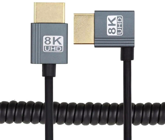 Main image of 90 Degree Left Angled HDMI 2.1 Male to Male Coiled Stretch Cable, 100cm 8K@60Hz High Speed Retractable HDMI Cord for Monitor HDTV Computer Laptop