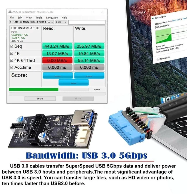 Alt view image 5 of 7 - 19/20Pin Header to USB 3.0 20Pin & Type-E Dual Ports Splitter, 5Gbps 1-to-2 HUB Adapter, PCBA Type for Desktop PC Motherboard