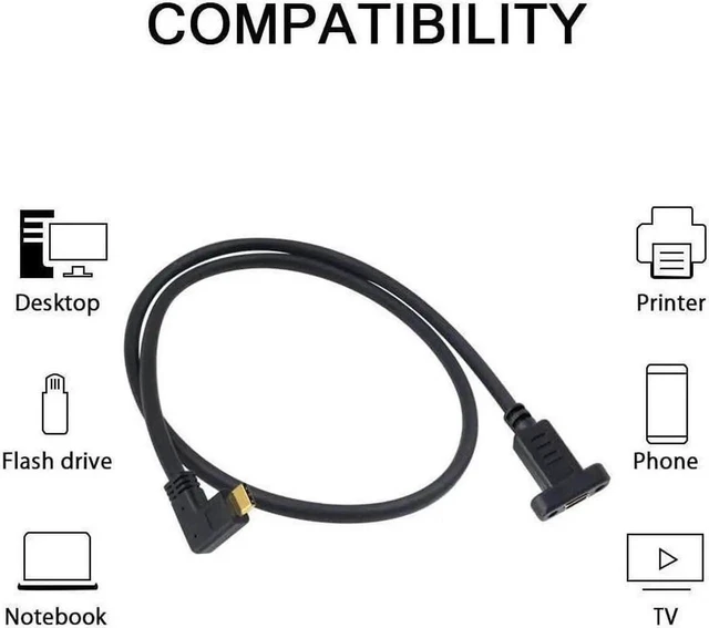 Alt view image 3 of 6 - 90 Degree USB C Male to Female Extension Cable 2FT/60cm, Right Angled USB 3.1 Type C Extender with Panel Mount Screw Hole for Charging & Data Sync