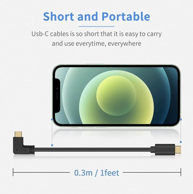 Alt view image 4 of 7 - 30CM Short USB C to USB C Right Angle Cable, USB 3.1 90 Degree Type C Fast Charging Cord, 60W 10Gbps Compatible with Galaxy S20 MacBook Pro