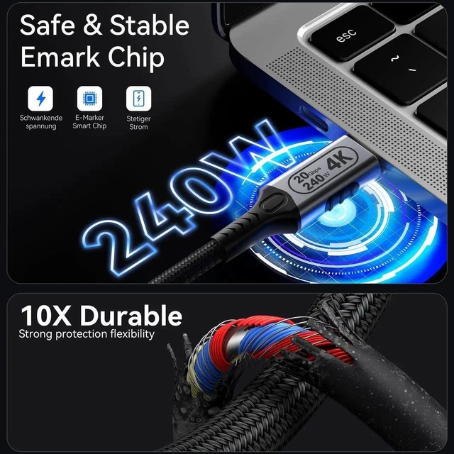 Alt view image 2 of 7 - 6FT USB C to USB C Cable, USB 3.2 Gen 2 20Gbps High Speed Cord, 240W PD Fast Charging, 4K@60Hz UHD Video Output, Type C Monitor Charging Data Cable