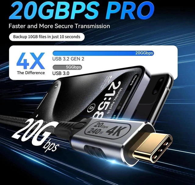 Alt view image 5 of 7 - 6FT USB C to USB C Cable, USB 3.2 Gen 2 20Gbps High Speed Cord, 240W PD Fast Charging, 4K@60Hz UHD Video Output, Type C Monitor Charging Data Cable