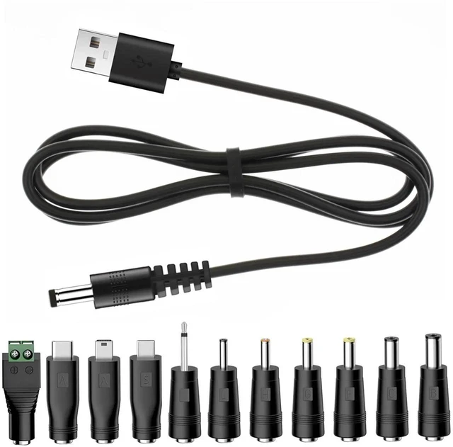 Main image of Universal Charger Power Core, 5V USB to DC 5.5x2.1mm Charging Cable with 11 Multi Connectors, Micro USB/Type C/Mini USB & Multiple DC Tips, 3.3FT Universal Power Cord
