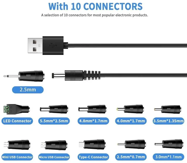 Alt view image 7 of 7 - Universal Charger Power Core, 5V USB to DC 5.5x2.1mm Charging Cable with 11 Multi Connectors, Micro USB/Type C/Mini USB & Multiple DC Tips, 3.3FT Universal Power Cord