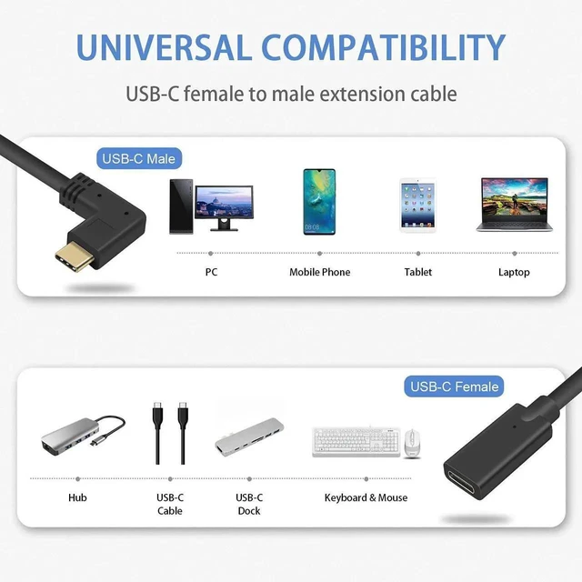 Alt view image 5 of 7 - USB C Right Angle Extension Cable 30CM, PD 3.1 90 Degree Type C Short Extender Cord, 3A Fast Charging Data Cable for Laptop PC Mobile Phone