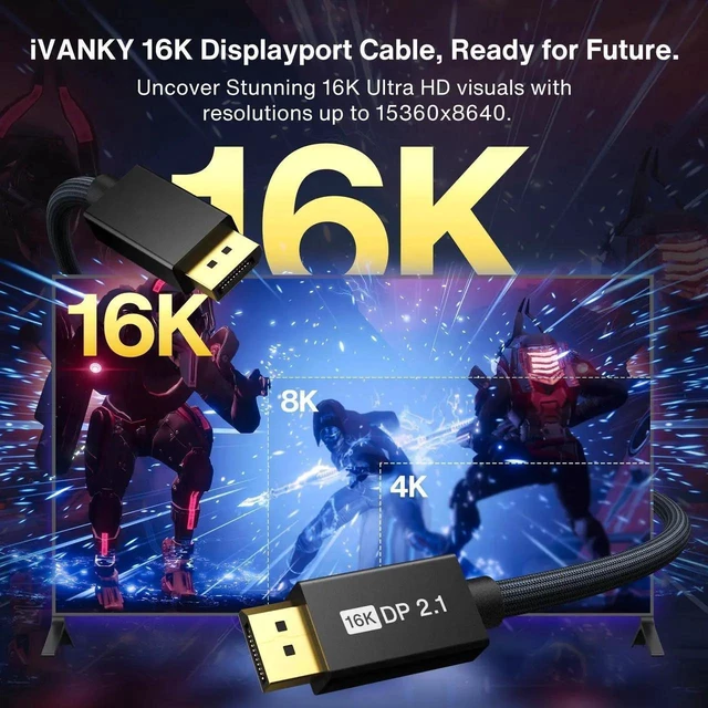 Alt view image 7 of 7 - 3.3FT Short DisplayPort 2.1 Cable, 16K DP Cable Support 16K@60Hz 8K@120Hz 4K@240Hz/165Hz, HDR HDCP 2.2 3D ARC High Speed Gaming Display Port Cable for Monitor TV PC Laptop