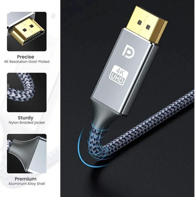 Alt view image 3 of 7 - 10ft 3M DisplayPort to HDMI Cable, 4K UHD Uni-Directional Nylon Braided Gold-Plated DP to HDMI Cord, Display Port Male to Male Connector 10 Feet