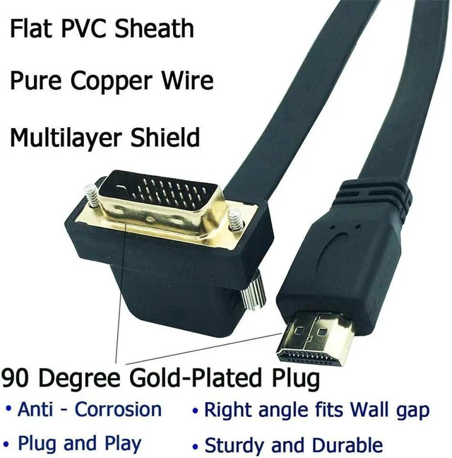 Alt view image 4 of 6 - Bi-Directional DVI-D (24+1) to HDMI Flat Cable, Right Angle Gold-Plated Male to Male Adapter for PC Laptop HDTV Projector