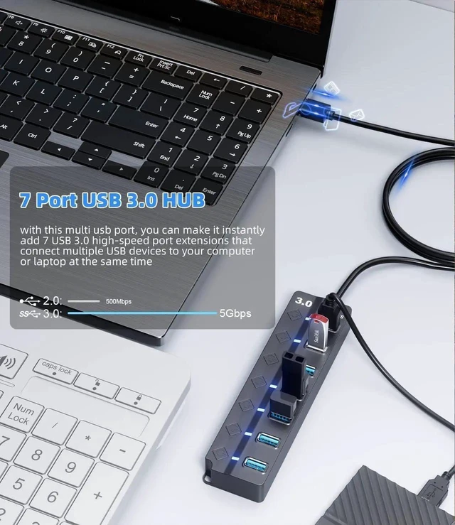 Alt view image 5 of 7 - 7-Port USB 3.0 Hub with Individual On/Off Switches and LED Indicators, 5Gbps High Speed USB Splitter with 4ft Cable for Laptop PC MacBook Surface Pro PS5 External Hard Drive Flash Drive