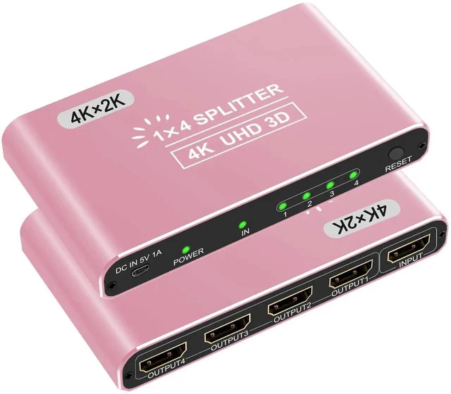 Main image of HDMI Splitter 1 in 4 Out Pink, 4K 3D 1080P HDMI Splitter 1 Source to 4 Displays, Aluminum Alloy for PS4, Fire Stick, HDTV, Monitor