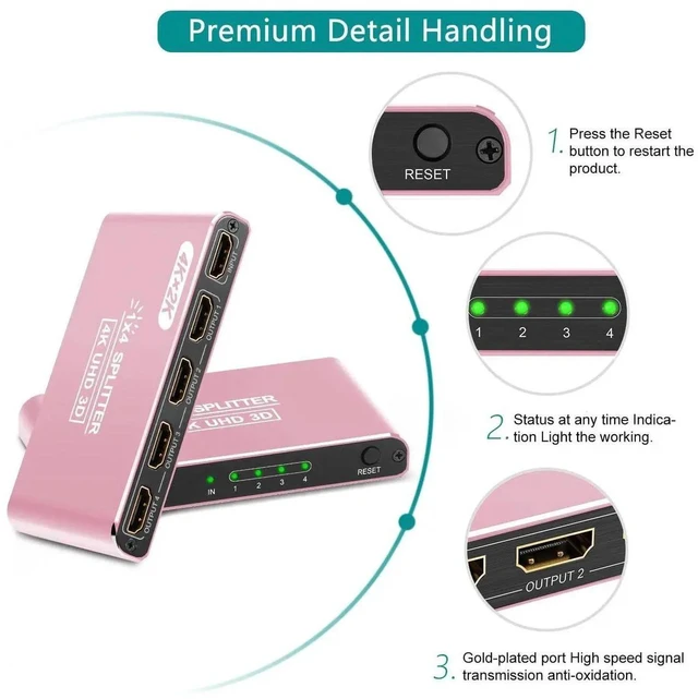 Alt view image 2 of 7 - HDMI Splitter 1 in 4 Out Pink, 4K 3D 1080P HDMI Splitter 1 Source to 4 Displays, Aluminum Alloy for PS4, Fire Stick, HDTV, Monitor