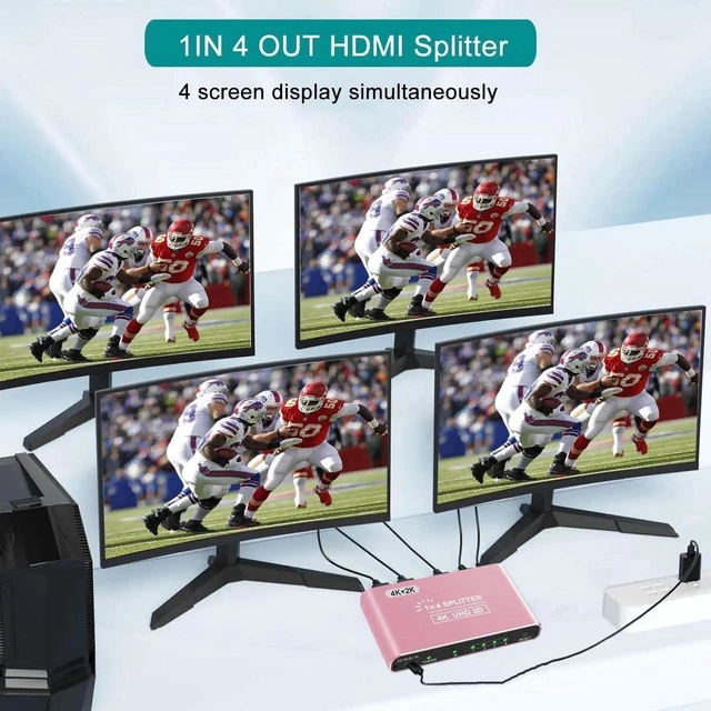 Alt view image 4 of 7 - HDMI Splitter 1 in 4 Out Pink, 4K 3D 1080P HDMI Splitter 1 Source to 4 Displays, Aluminum Alloy for PS4, Fire Stick, HDTV, Monitor