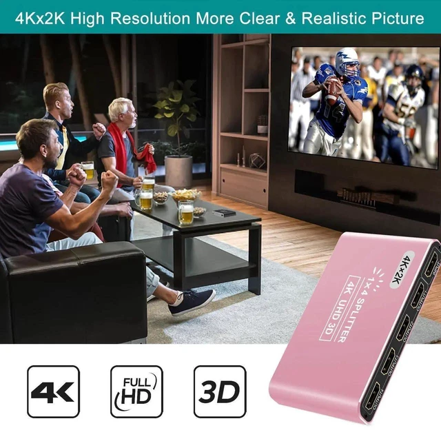 Alt view image 7 of 7 - HDMI Splitter 1 in 4 Out Pink, 4K 3D 1080P HDMI Splitter 1 Source to 4 Displays, Aluminum Alloy for PS4, Fire Stick, HDTV, Monitor