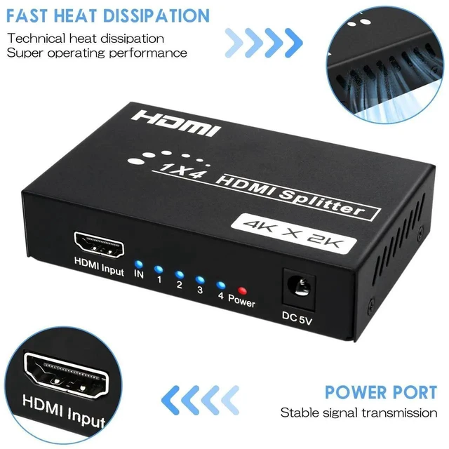 Alt view image 6 of 6 - 1 in 4 Out HDMI Splitter, 4-Port HDMI Splitter 4K@30Hz with Power Adapter, EDID 3D HD Video Distributor Compatible with PS4, Xbox, Fire Stick, HDTV