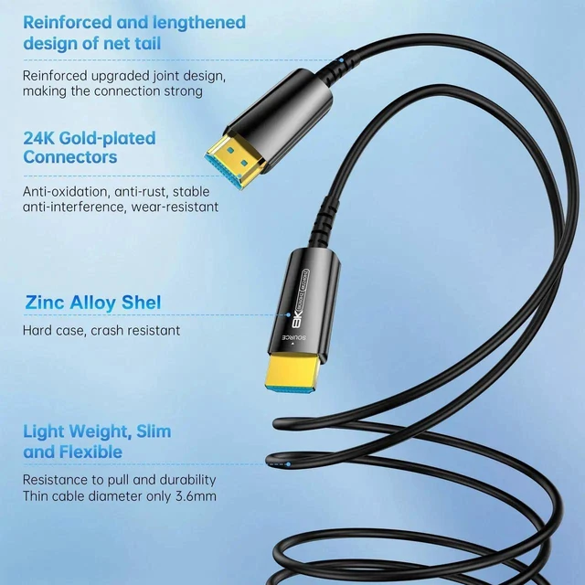 Alt view image 7 of 7 - 8K HDMI 2.1 Fiber Optic Cable 15Ft, 48Gbps Ultra High Speed HDMI Cord, 8K@60Hz 4K@240Hz Dynamic HDR eARC HDCP 2.2&2.3 for PS5/PS4/Xbox/TV/Monitor/Laptop