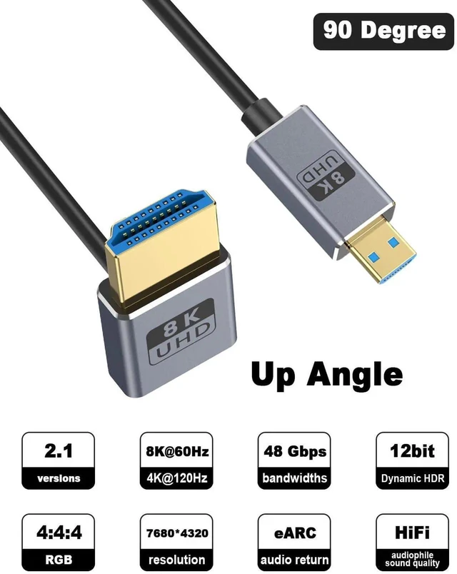 Alt view image 6 of 7 - Micro HDMI to HDMI 2.1 Cable, Up Angle HDMI Male to Micro HDMI Cable 8K@60Hz, 4K@240Hz, 48Gbps High Speed Compatible with Raspberry Pi 5/Pi 4/GoPro Hero 7 6/S.ony A6000 Camera 4FT/1.2M