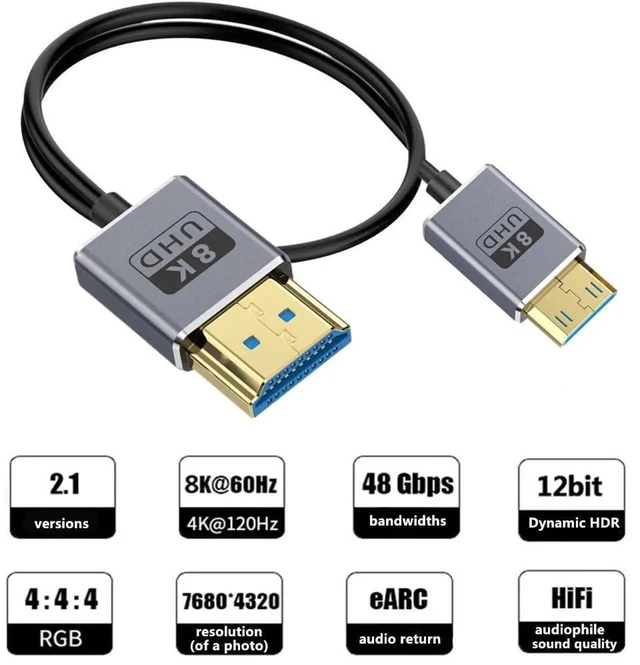 Alt view image 7 of 7 - 1ft Mini HDMI to HDMI 8K@60Hz Cable, 48Gbps Left Angle Mini HDMI to Straight HDMI 2.1 Coaxial Cord, OD 2.5mm Ultra Thin UHD Cable