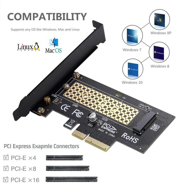 Alt view image 6 of 7 - M.2 NVMe M-Key to PCIe 3.0 x4 Adapter Card with Aluminum Heatsink