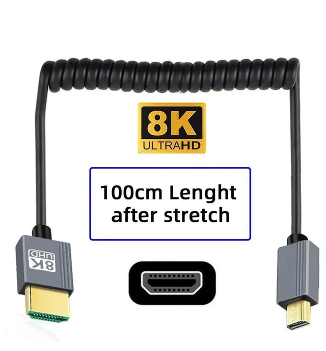 Alt view image 5 of 7 - 100cm Coiled Micro HDMI 2.1 Type-D to HDMI Male to Male Stretch Cable, 8K UHD Retractable Spring Cord for HDTV Camera Laptop Monitor