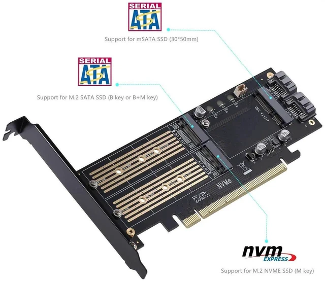 Alt view image 5 of 7 - 3 in 1 M.2 & mSATA SSD Adapter Card, NVMe to PCIe / SATA III / mSATA Converter with 2 Aluminum Heatsinks
