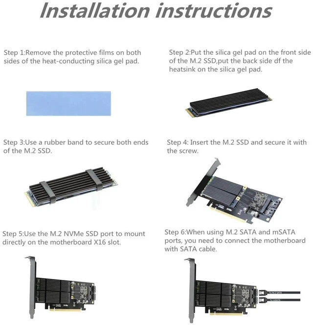 Alt view image 6 of 7 - 3 in 1 M.2 & mSATA SSD Adapter Card, NVMe to PCIe / SATA III / mSATA Converter with 2 Aluminum Heatsinks